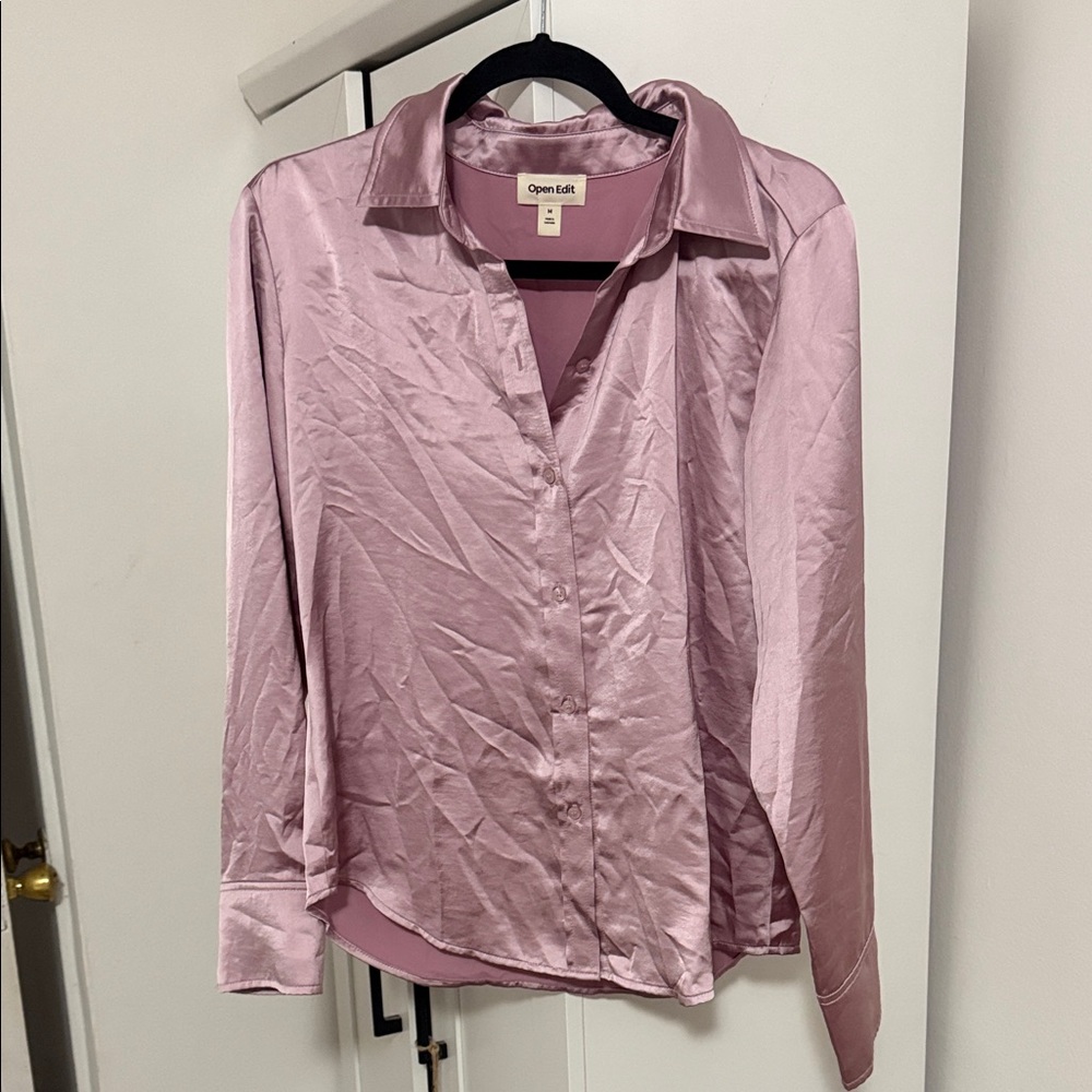 Open Edit Dusty Pink Satin Button-Front Blouse